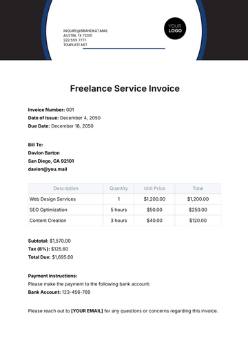 Free Freelance Service Invoice Template to Edit Online