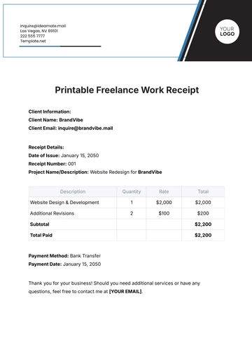 Free Printable Freelance Work Receipt Template to Edit Online
