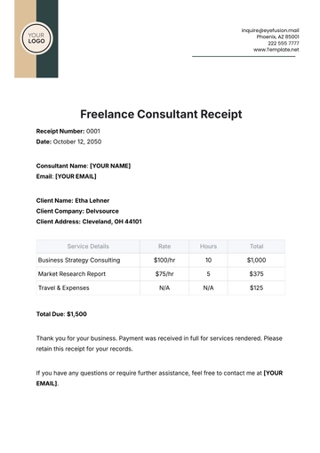 Free Freelance Consultant Receipt Template to Edit Online