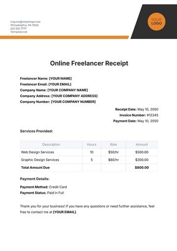Free Online Freelancer Receipt Template to Edit Online