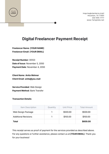 Free Digital Freelancer Payment Receipt Template to Edit Online