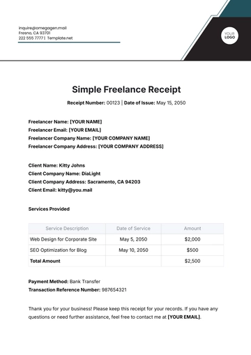 Free Simple Freelance Receipt Template to Edit Online