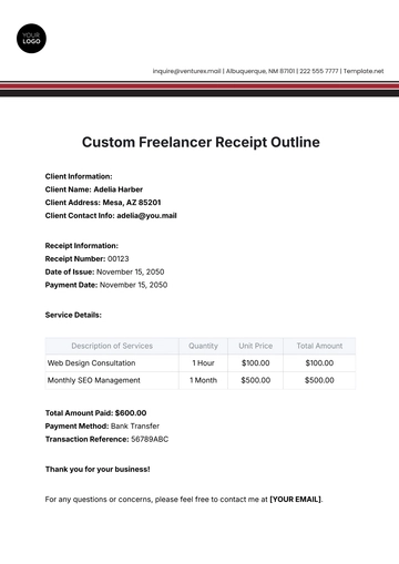 Free Custom Freelancer Receipt Outline Template to Edit Online