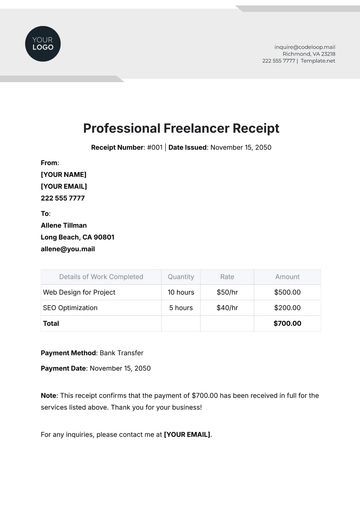 Free Professional Freelancer Receipt Template to Edit Online