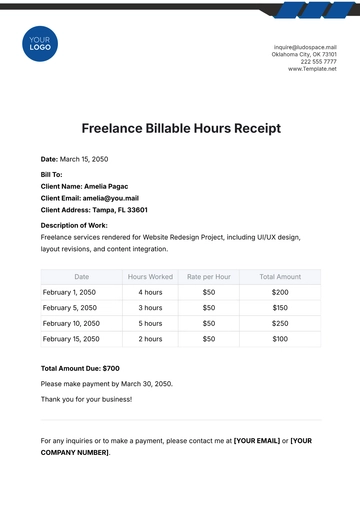 Free Freelance Billable Hours Receipt Template to Edit Online