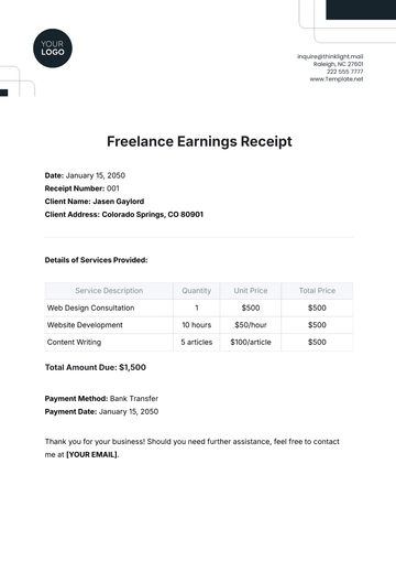 Free Freelance Earnings Receipt Template to Edit Online