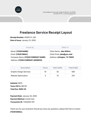 Free Freelance Service Receipt Layout Template to Edit Online