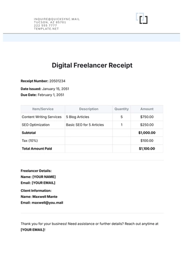 Free Digital Freelancer Receipt Template to Edit Online