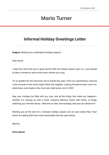 Free Informal Holiday Greetings Letter Template to Edit Online
