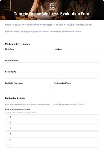 Free Generic Online Wellness Evaluation Form Template to Edit Online