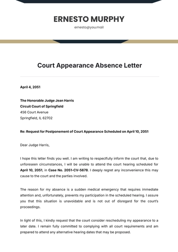 Free Court Appearance Absence Letter Template to Edit Online