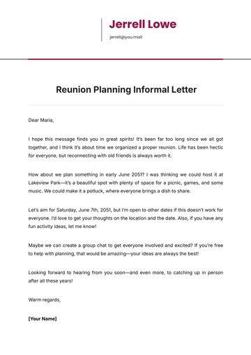 Free Reunion Planning Informal Letter Template to Edit Online