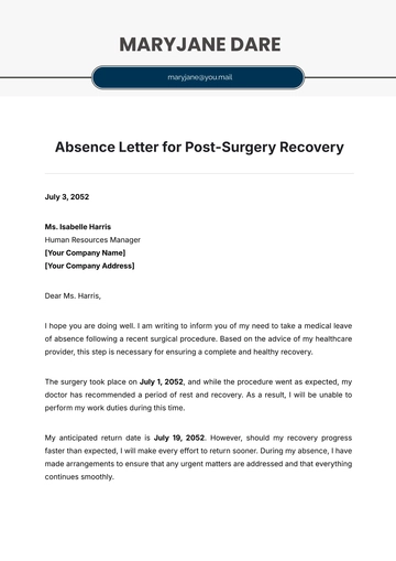 Free Absence Letter for Post-Surgery Recovery Template to Edit Online