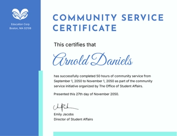Free Community Service Certificate for College Students Template to Edit Online