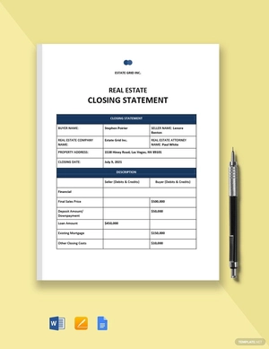 Real Estate Closing Statement Form Template