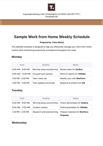 Free Sample Work from Home Weekly Schedule Template to Edit Online