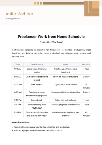 Free Freelancer Work from Home Schedule Template to Edit Online