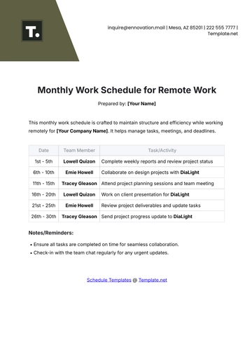 Free Monthly Work Schedule Template for Remote Work to Edit Online