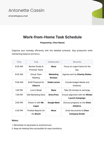 Free Work from Home Task Schedule Template to Edit Online