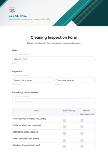 Free Cleaning Inspection Form Template to Edit Online