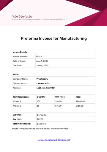 Free Proforma Invoice for Manufacturing Template to Edit Online