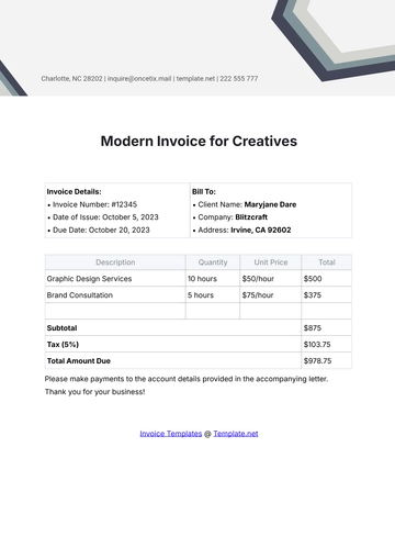 Free Modern Invoice Template for Creatives to Edit Online