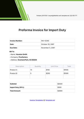 Free Proforma Invoice for Import Duty Template to Edit Online