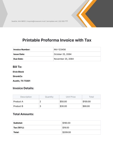 Free Printable Proforma Invoice with Tax Template to Edit Online