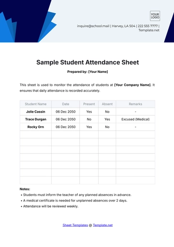 Free Sample Student Attendance Sheet Template to Edit Online