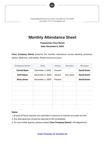 Free Monthly Attendance Sheet Template to Edit Online