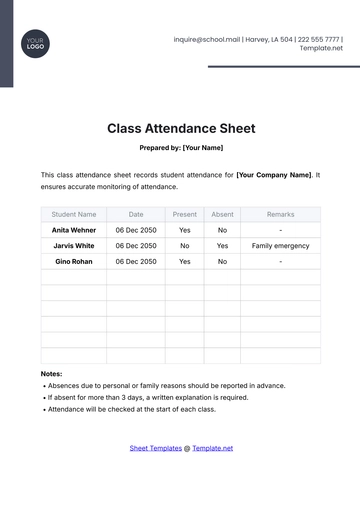 Free Class Attendance Sheet Template to Edit Online