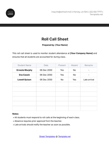 Free Roll Call Sheet Template to Edit Online