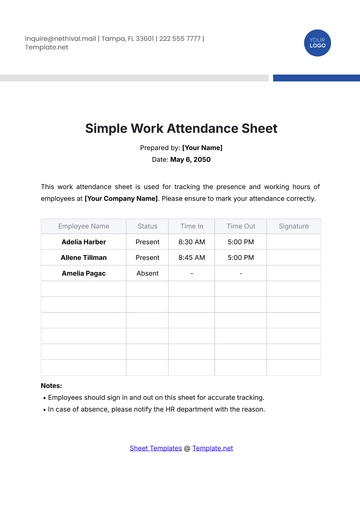 Free Simple Work Attendance Sheet Template to Edit Online
