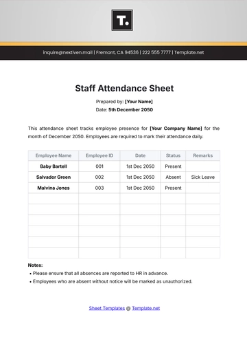 Free Staff Attendance Sheet Template to Edit Online