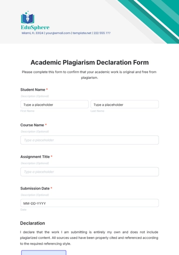 Free Academic Plagiarism Declaration Form Template to Edit Online
