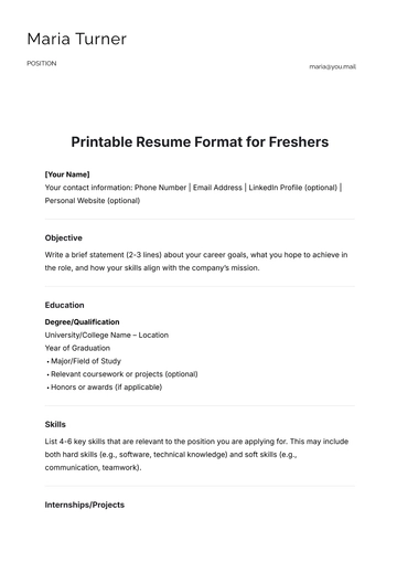 Free Printable Resume Format Template for Freshers to Edit Online
