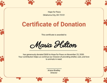Free Donation Certificate for Animal Shelter Template to Edit Online