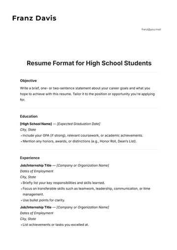 Free Resume Format for High School Students Template to Edit Online