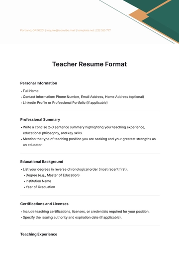 Free Teacher Resume Format Template to Edit Online