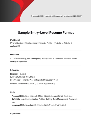 Free Sample Entry-Level Resume Format Template to Edit Online