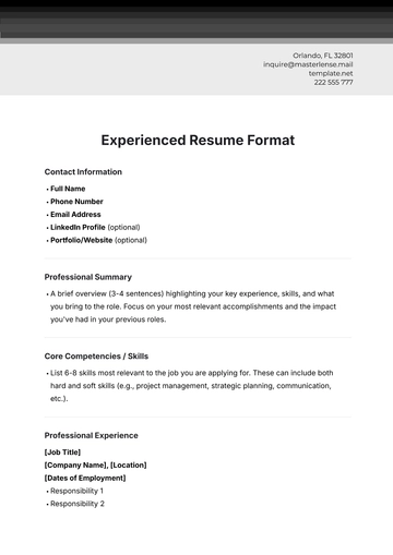 Free Experienced Resume Format Template to Edit Online
