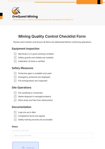 Free Mining Quality Control Checklist Form Template to Edit Online