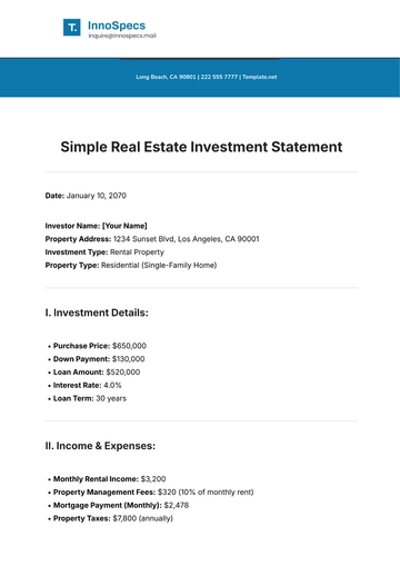 Free Simple Real Estate Investment Statement Template to Edit Online