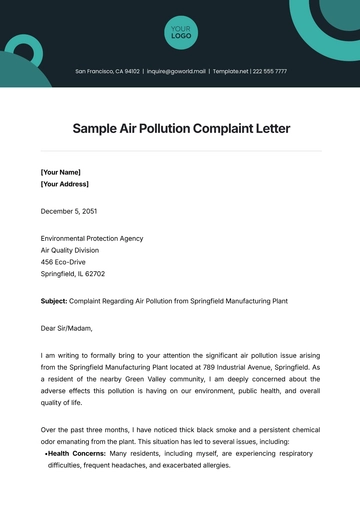 Free Sample Air Pollution Complaint Letter Template to Edit Online