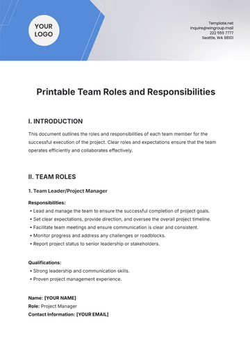 Free Printable Team Roles and Responsibilities Template to Edit Online