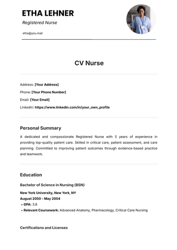 Free CV Nurse Template to Edit Online