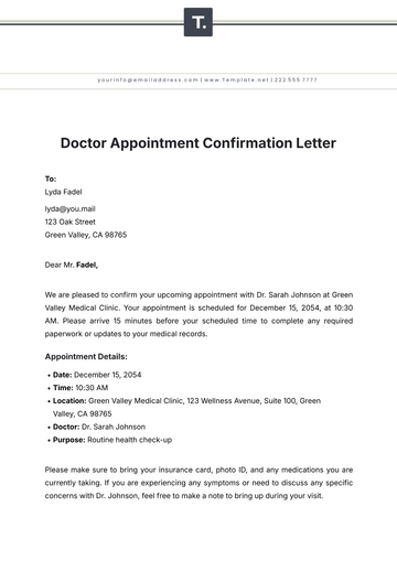 Free Sample Doctor Appointment Confirmation Letter Template to Edit Online