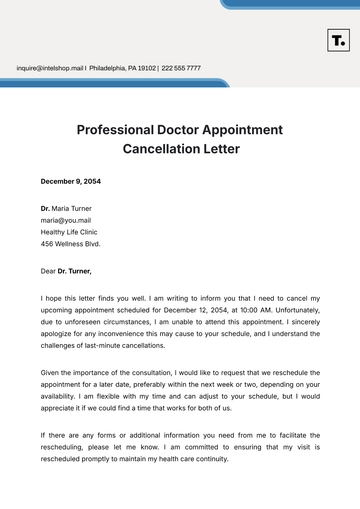 Free Professional Doctor Appointment Cancellation Letter Template to Edit Online