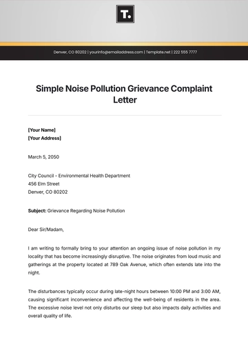 Free Simple Noise Pollution Grievance Complaint Letter Template to Edit Online