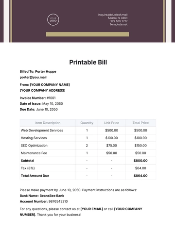 Free Printable Bill Template to Edit Online